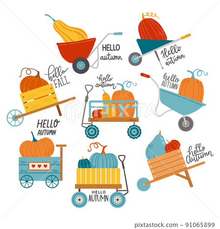 Autumn wheelbarrow fall season set vector elements 91065899