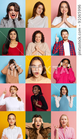 Collage of portraits of expressive male and female models, multiethnic group. Human emotions, facial expression, sales, ad concept. Collage of portraits of expressive male and female models, multiethnic group. Human emotions, facial expression, sales, ad concept. 91065996