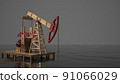 a golden oil pump pumps in an ocean of oil. Realistic 3d model. Minimalism. The concept of excess profits of oil companies 91066029