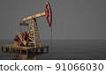 a golden oil pump pumps in an ocean of oil. Realistic 3d model. Minimalism. The concept of excess profits of oil companies 91066030
