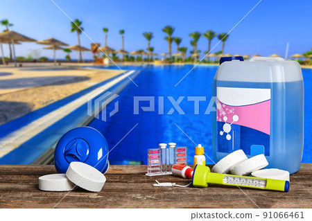 Equipment with chemical cleaning products and tools for the maintenance of the swimming pool. 91066461