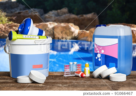 Equipment with chemical cleaning products and tools for the maintenance of the swimming pool. 91066467