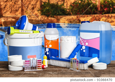 Equipment with chemical cleaning products and tools for the maintenance of the swimming pool. 91066470