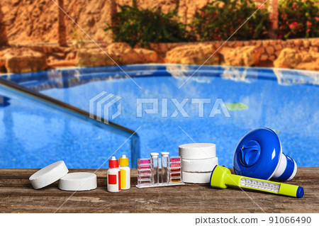 Equipment with chemical cleaning products and tools for the maintenance of the swimming pool. 91066490