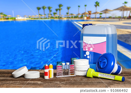 Equipment with chemical cleaning products and tools for the maintenance of the swimming pool. 91066492