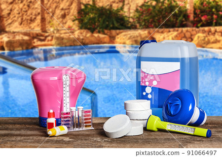 Equipment with chemical cleaning products and tools for the maintenance of the swimming pool. 91066497