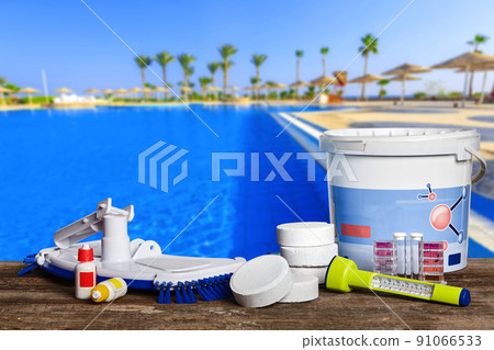 Equipment with chemical cleaning products and tools for the maintenance of the swimming pool. 91066533