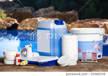 Equipment with chemical cleaning products and tools for the maintenance of the swimming pool. 91066548