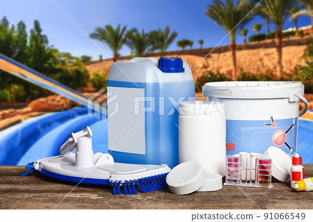 Equipment with chemical cleaning products and tools for the maintenance of the swimming pool. 91066549