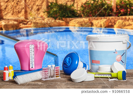 Equipment with chemical cleaning products and tools for the maintenance of the swimming pool. 91066558