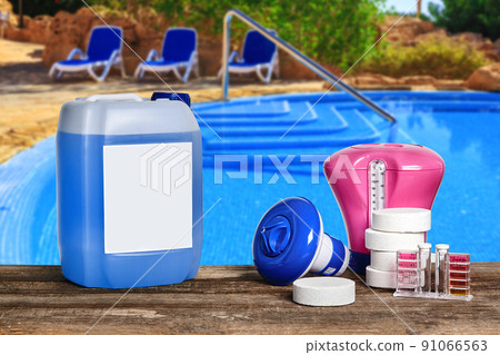 Equipment with chemical cleaning products and tools for the maintenance of the swimming pool. 91066563