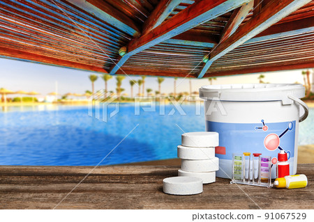 Equipment with chemical cleaning products and tools for the maintenance of the swimming pool. 91067529