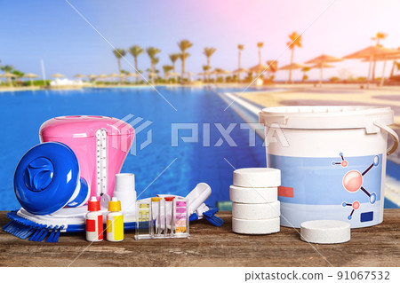 Equipment with chemical cleaning products and tools for the maintenance of the swimming pool. 91067532