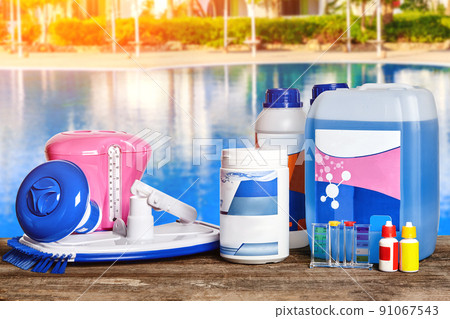 Equipment with chemical cleaning products and tools for the maintenance of the swimming pool. 91067543