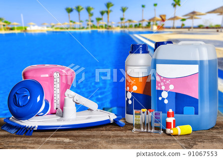Equipment with chemical cleaning products and tools for the maintenance of the swimming pool. 91067553