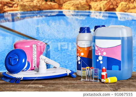 Equipment with chemical cleaning products and tools for the maintenance of the swimming pool. 91067555