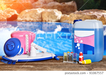 Equipment with chemical cleaning products and tools for the maintenance of the swimming pool. 91067557