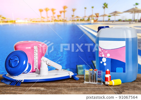 Equipment with chemical cleaning products and tools for the maintenance of the swimming pool. 91067564