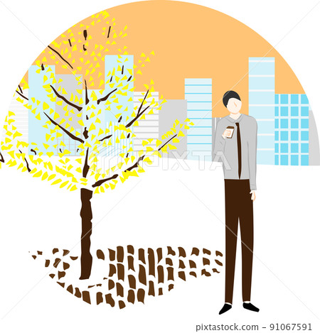 Illustration of a tall businessman taking a break outside in the fall 91067591