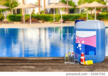 Equipment with chemical cleaning products and tools for the maintenance of the swimming pool. 91067592