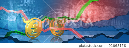 bullish gbp stopped by bearish btc. foreign exchange market 3d illustration of british pound to bitcoin. currency represented as golden coins 91068158