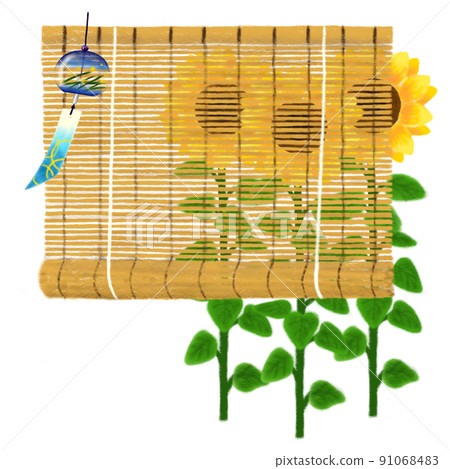 彩色鉛筆、竹簾和風鈴、背面向日葵的手繪插圖 2 彩色鉛筆、竹簾和風鈴、背面向日葵的手繪插圖 2 91068483