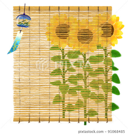 Hand-painted illustrations of colored pencils, bamboo blinds and wind chimes, sunflowers in the back Hand-painted illustrations of colored pencils, bamboo blinds and wind chimes, sunflowers in the back 91068485