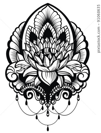 Oriental style, flower lotus tattoo on white. Vector illustration Oriental style, flower lotus tattoo on white. Vector illustration 91068635