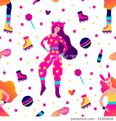 Kidult prank pajama party 80s human vector seamless pattern. 91068684