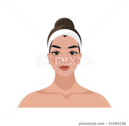Middle aged woman with age changes flat cartoon icon isolated on white. Female portrait for advertising cosmetics, beauty treatments, beauty injections. Vector illustration of a beauty salon. Middle aged woman with age changes flat cartoon icon isolated on white. Female portrait for advertising cosmetics, beauty treatments, beauty injections. Vector illustration of a beauty salon. 91069286