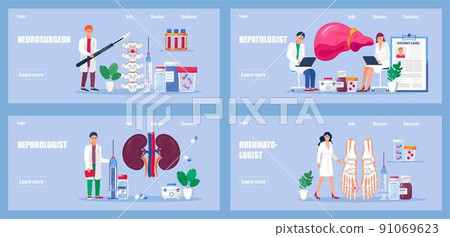 Hepatologist, rheumatologist vector set for medical sites, applications. Nephrologist, neurosurgeon treat patient Rheumatoid arthritis of the hand. 91069623