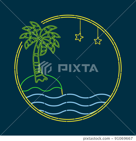 海洋和夜空的熱帶棕櫚樹和招牌式插圖 91069667