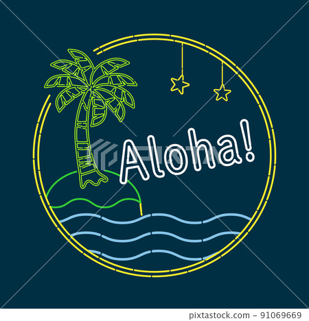 海洋和夜空的熱帶棕櫚樹和招牌式插圖 海洋和夜空的熱帶棕櫚樹和招牌式插圖 91069669