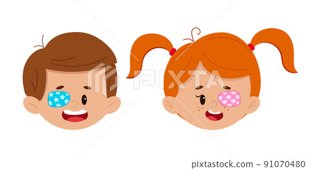 Amblyopia eye patch on boy and girl faces set isolated on white background. Amblyopia eye patch on boy and girl faces set isolated on white background. 91070480