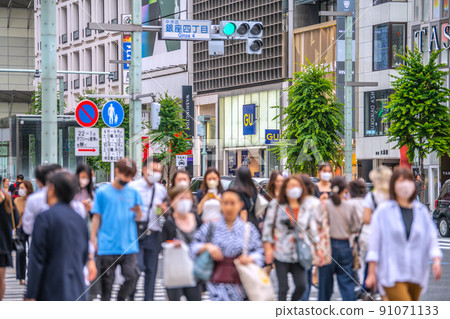 Tokyo cityscape of Japan Mid-June but still Korona-ka. Still many people = June 20, Ginza 91071133