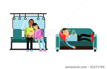 Sleeping people set. Man and woman sleeping in public transport and coach cartoon vector illustration 91071789