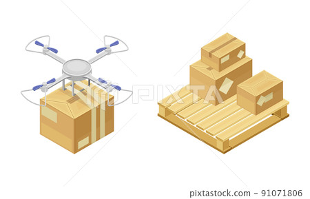 Warehouse objects set. Storage and delivery of goods isometric vector illustration 91071806