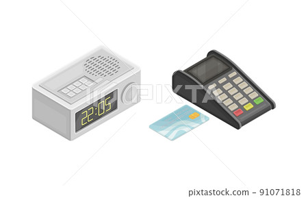Alarm clock with radio receiver and terminal for payment by card, modern wireless mobile devices isometric vector illustration Alarm clock with radio receiver and terminal for payment by card, modern wireless mobile devices isometric vector illustration 91071818