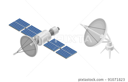 Space orbital satellite and dish antenna, wireless communication equipments isometric vector illustration Space orbital satellite and dish antenna, wireless communication equipments isometric vector illustration 91071823