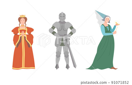 Heroes of fairy tales set. Queen, knight and fairy cartoon vector illustration 91071852