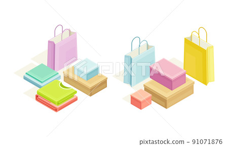 Shopping bags and gift boxes set. Online shopping elements. E-commerce concept isometric vector illustration 91071876