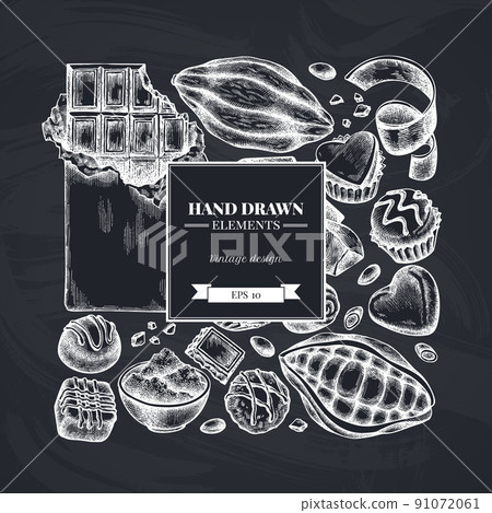 Square design with chalk cocoa beans, cocoa, chocolate, chocolate candies 91072061