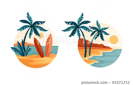 Tropical beach scenes set. Idyllic paradise with palm trees and surfboards in circle vector illustration 91072252