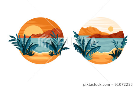 Tropical beach and sunset and sunrise set. Tropical seaside with exotic plants in circle vector illustration 91072253