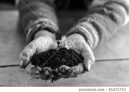 Man holding a flower in soil cupped in his hands 91072733