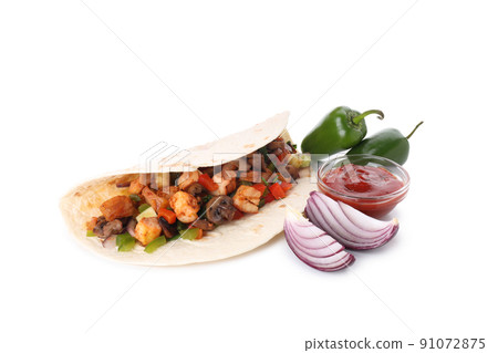 Concept of tasty food with taco isolated on white background Concept of tasty food with taco isolated on white background 91072875