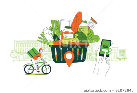 Mobile app to order grocery. Courier delivering. Background city landscape Mobile app to order grocery. Courier delivering. Background city landscape 91072943