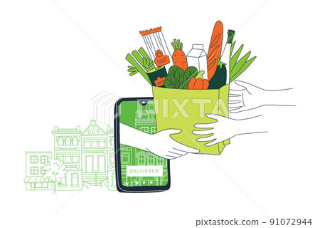 Mobile app to order grocery. Courier delivering. Background city landscape 91072944