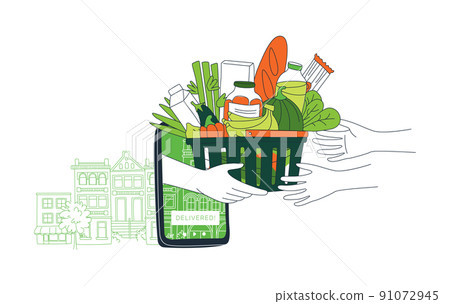 Mobile app to order grocery. Courier delivering. Background city landscape Mobile app to order grocery. Courier delivering. Background city landscape 91072945