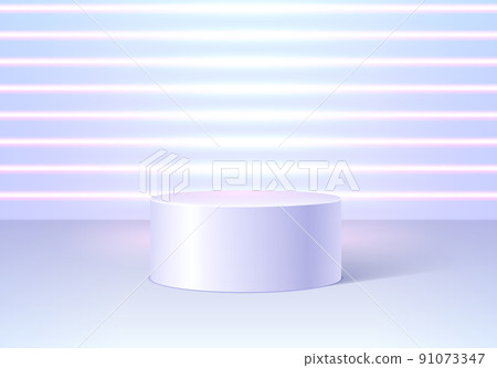 Pedestal or podium in round empty room with neon lights on the background. Architectural abstraction for product showcase or award ceremony. Pedestal or podium in round empty room with neon lights on the background. Architectural abstraction for product showcase or award ceremony. 91073347